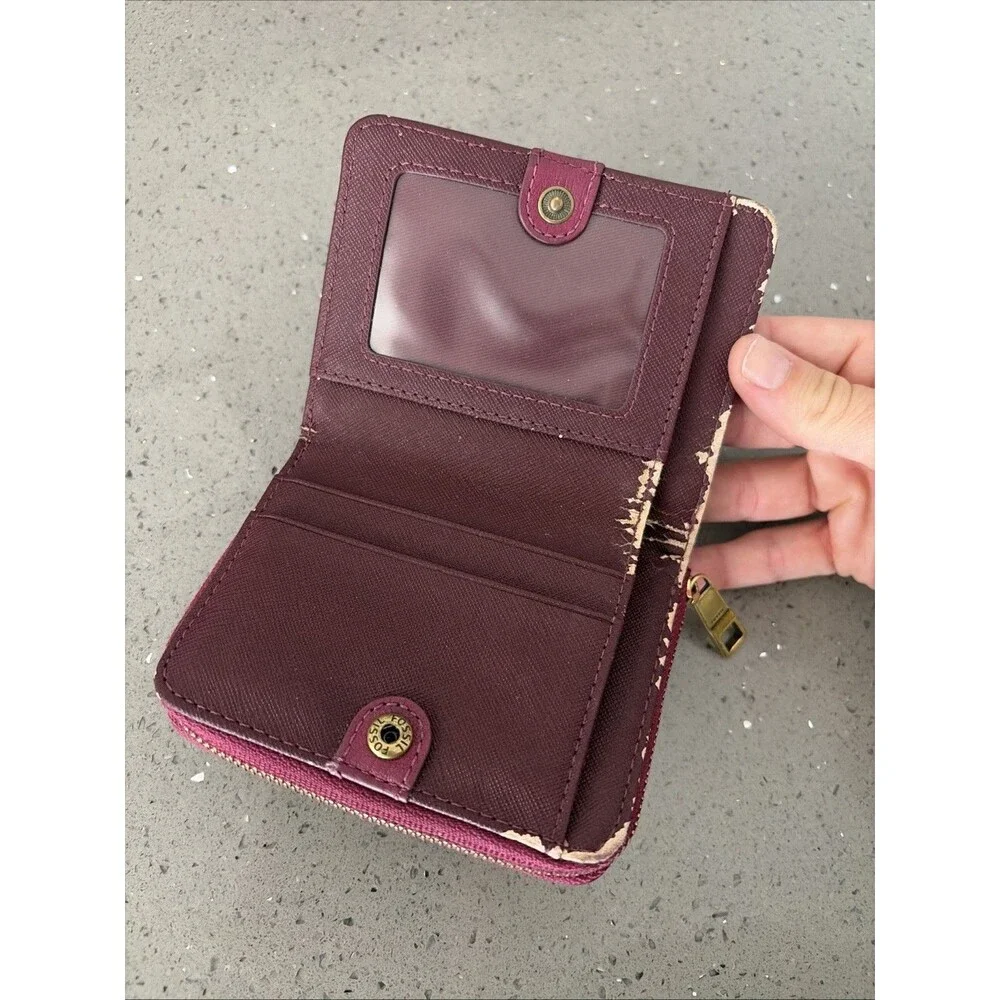 Fossil Women’s Pink Purple Leather Bifold Wallet Zip Coin Pocket READ